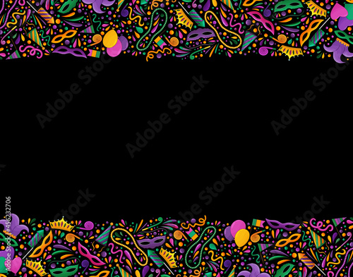 Mardi Gras backgrond. Mardi Gras beads, yellow, green, purple. Colorful carnival border. Mardi Gras banner, textile, fabric texture. Tradition carnival symbols, confetti, mask, firework, festive flags