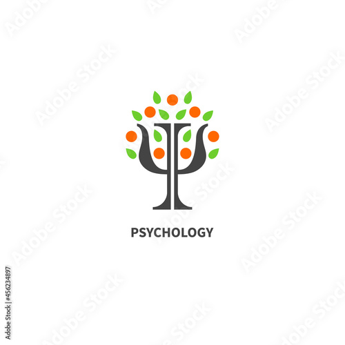 Letter psi in shape of apple tree with leaves and fruits. Psychology symbol