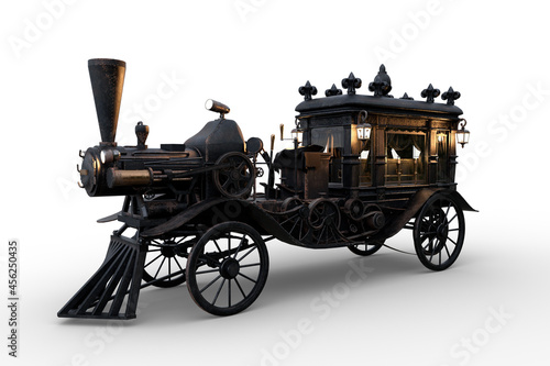 3D rendering of a Steampunk Halloween concept steam powered hearse with lanterns and candles lit isolated on a white background.