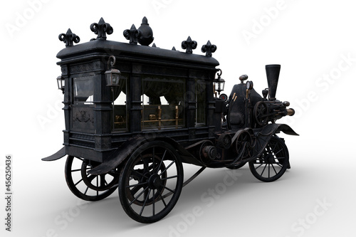 Rear perspective view 3D rendering of a Steampunk Halloween concept steam powered hearse isolated on a white background.