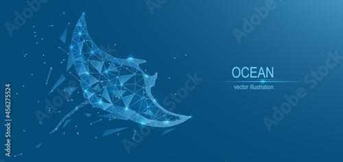 Ocean, manta ray. Abstract low poly background. Plexus of lines of triangles and points. Vector illustration.