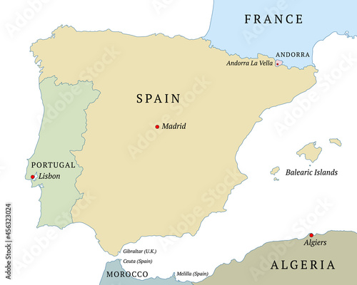 Vector political map of the Iberian Peninsula. Countries and their capitals. English labeling. All isolated on white background. Vector illustration