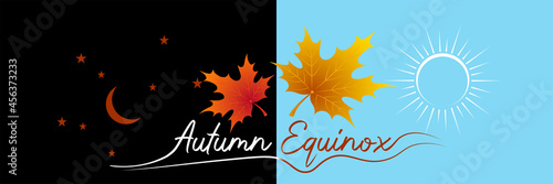 Autumn equinox vector illustration. September 22. Concept design with maple leaves in darker and lighter color. Crescent with stars and sun.