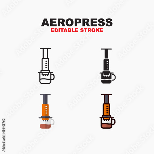 Aeropress icon symbol set of outline, solid, flat and filled outline style. Isolated on white background. Editable stroke vector icon.