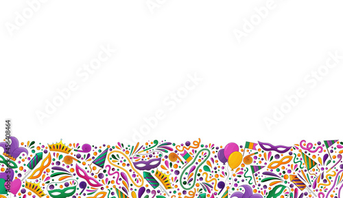 Mardi Gras backgrond. Mardi Gras beads, yellow, green, purple. Colorful carnival border. Mardi Gras banner, textile, fabric texture. Tradition carnival symbols, confetti, mask, firework, festive flags