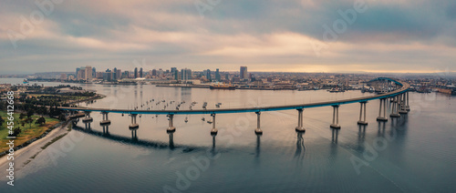 Aerial panorama of Coronado Bridge and San Diego Skyline.
