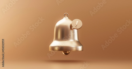 Gold important update notification bell alarm icon or receive email attention sms sign and internet message illustration on golden background with web communication symbol element. 3D rendering.