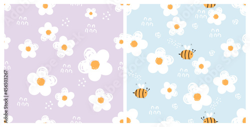 Set of daisies seamless pattern, purple and blue background vector illustration. Cute floral prints.