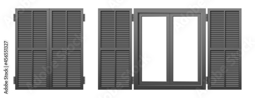 Set of window shutters isolated on a white background. Vector illustration of closed and opened gray window shutter.