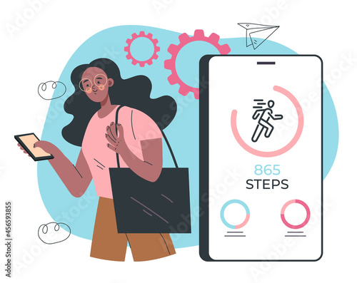 Woman using phone for counting steps. Step mobile phone app counter pedometer activity heart rate monitoring. Vector flat graphic design cartoon midern style illustration