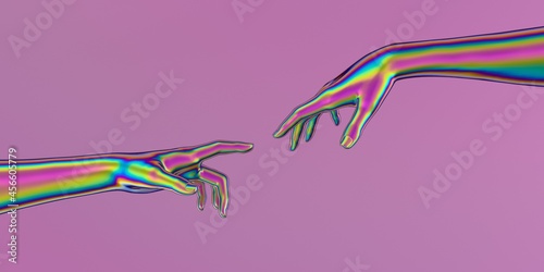 Modern 3d illustration with two artificial hands about to touch each other, reminiscent of the scene of Adam's creation.