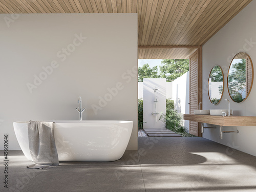 Modern contemporary loft bathroom with outdoor shower 3d render,There are concrete tile floor and white wall overlooking shower in the garden