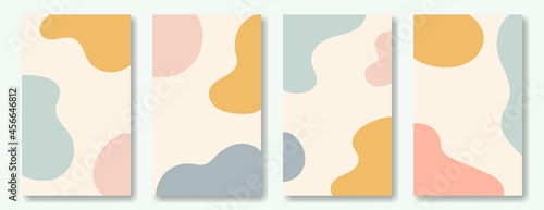 Abstract vertical set of minimalistic social media story posting templates. Simple doodle spots in a pastel palette on a light background, cute flat design
