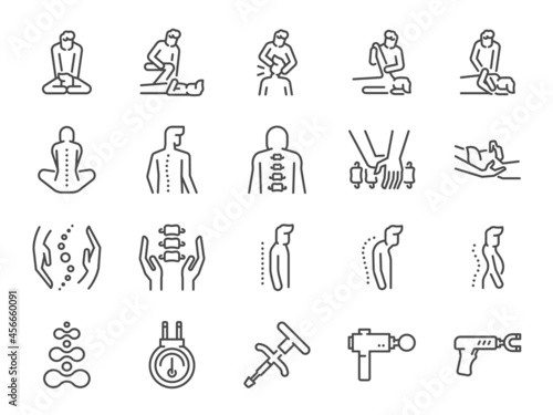 Chiropractic line icon set. Included the icons as Chiropractor, spline treatment, massage, Osteopath, Osteopathy, joint recovery, and more.