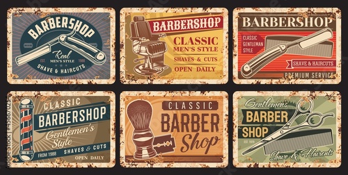 Barbershop and haircut rusty plates. Gentlemen hairdresser, stylist or barbershop equipment grunge tin sign, vector vintage banners with straight razor, hair cutting scissors and comb, barber chair