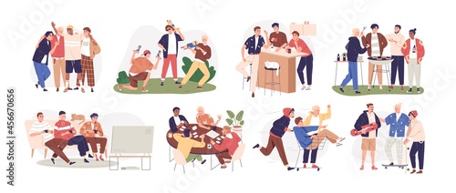 Happy men friends relaxing together at leisure time. Male friendship concept. Scenes with guys and buddies meeting, talking, playing, having fun. Flat vector illustration isolated on white background