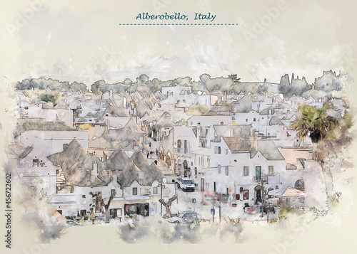 village Alberobello, Italy in watercolor sketch style