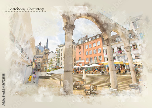 city life of Aachen, Germany in sketch style