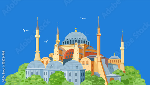 Hagia Sophia domes and minarets in the old city of Istanbul on a blue background. Landmark of Turkey. Vector flat illustration