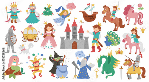 Fairy tale characters and objects collection. Big vector set of fantasy princess, king, queen, witch, knight, unicorn, dragon. Medieval fairytale castle pack. Cartoon magic icons with frog prince