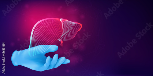 Human liver 3D silhouette on a doctor's hand in realistic rubber glove. Anatomical medical concept with the wireframe of a human organ on abstract background. Vector illustration in neon lineart style