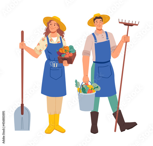 Farmer gardener man woman profession occupation isolated flat cartoon characters. Vector agriculture, farm and garden workers in aprons, with harvest in hands and gardening equipment spade and rake