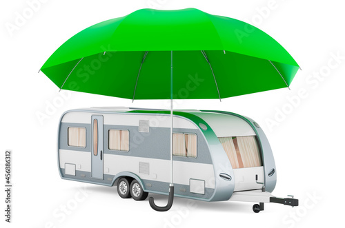 Travel trailer under umbrella, 3D rendering