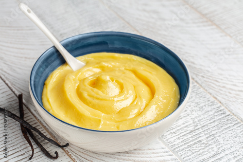 Homemade vanilla pastry cream or custard cream. Cooked with milk, egg yolks and sugar, thickened with corn starch.