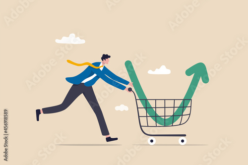 Buy on the dip, purchase stock when price drop, trader signal to invest, make profit from market collapse concept, smart businessman investor buy stock with down arrow graph in shopping cart.