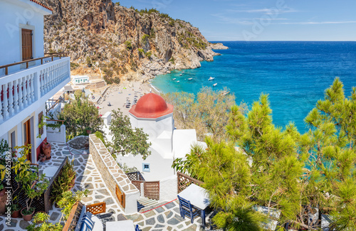 View over greek fishing village with beach, Kyra Panagia, Karpathos, Greek Islands