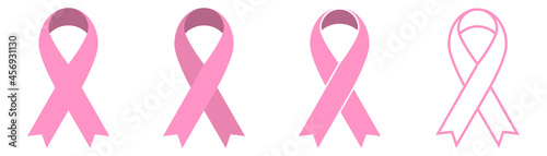 Pink ribbon icons set. Breast cancer awareness ribbon. Women cancer awareness symbol. Flat and outline style