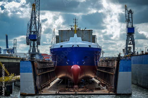 Container ship in dry dock