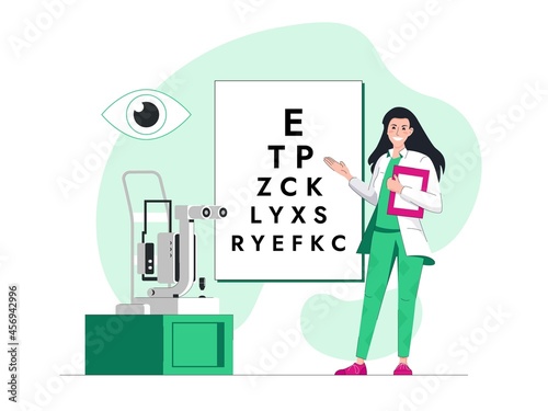 An ophthalmologist checks and invites you to check your eyesight. An optometrist. Flat cartoon vector illustrations.
