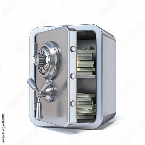Unlocked steel safe with money inside 3D