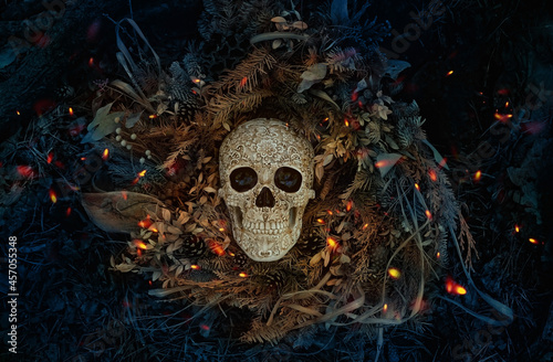 Decorative human skull on dark natural mistery background. magical esoteric ritual. symbol of samhain sabbat. Mysticism, divination, wicca, occultism, Witchcraft concept. flat lay