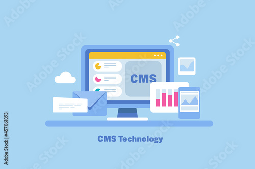 Content management and cms concept. Blogging and website data, content hosting and management, business marketing, web administrator panel. Communication and technology concept. Web banner template.