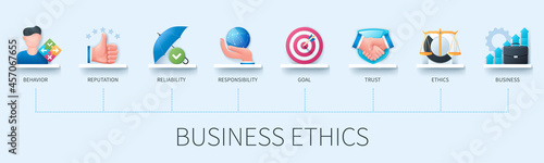 Business ethics banner with icons. Behavior, reputation, reliability, responsibility, goal, trust, ethics, business icons. Business concept. Web vector infographic in 3D style