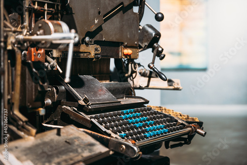 Typesetting Linotype Machine Produced In 1974. Detail. Paper Mill Museum. Famous Landmark, Historical Heritage