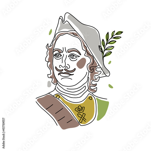Linear trend portrait of a man in a historical military suit and hat. Russian tsar Peter 1. Vector illustration.