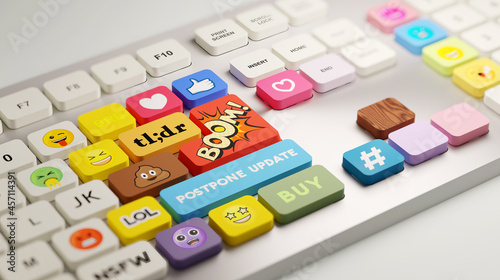 A computer keyboard with custom internet slang and social media buttons. 3D illustration