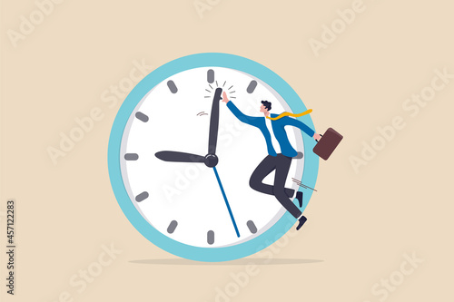 Success time management, finish work and appointment in time or work efficiently with high productivity concept, smart businessman celebrate his work by hi five with minute hand on the timer clock.