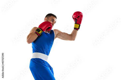 Portrait of one professional boxer in blue uniform training isolated over white background. Uppercut punch