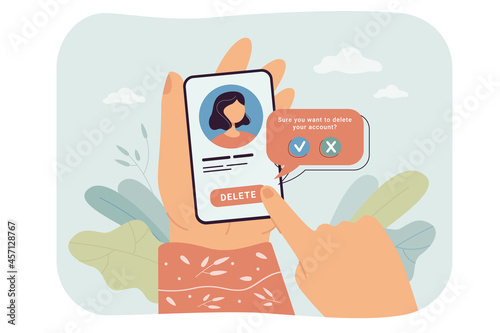 Hands of female social network user deleting account. Woman pressing delete button on phone, removing online information flat vector illustration. Addiction, modern technology concept for banner