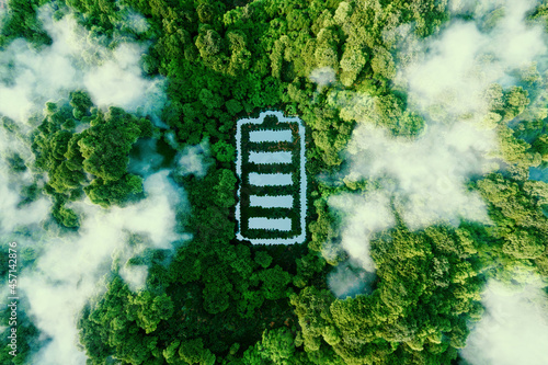 Concept depicting new possibilities for the development of ecological battery technologies and green energy storage in the form of a battery-shaped pond located in a lush forest. 3d rendering.