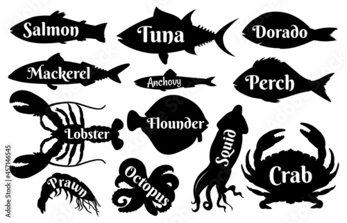 Fish and seafood silhouettes for vintage logo or label icons. Ocean salmon, tuna, dorado and lobster, prawn and squid. Sea food vector set