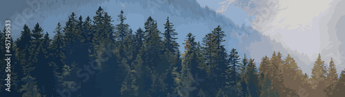 Amazing forest trees landscape in black forest panorama banner long illustration drawing vector