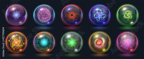 Realistic magic energy balls with fire, lights and lightning effects. Glowing power orb with plazma burst. Fantasy crystal sphere vector set