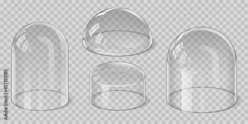Realistic transparent glass dome spherical, hemisphere and bell shape. Protection shield and display stand cover. Glossy showcase vector set
