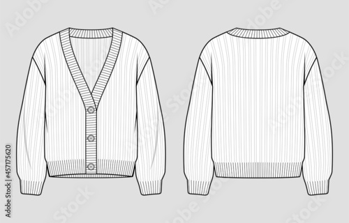 Knit cardigan. Women's v-neck button placket jumper. Vector technical sketch. Mockup template.