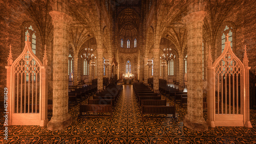 3D rendering view along the aisle towards the alter of a large old medieval cathedral.
